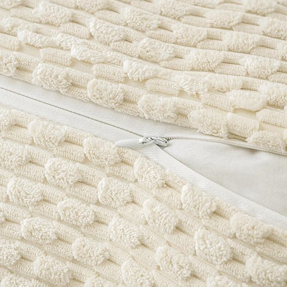 Pompom Cream Stripe Texture Corduroy Farmhouse Cute Luxury Soft Pillow Cover Set - Picture 5 of 7